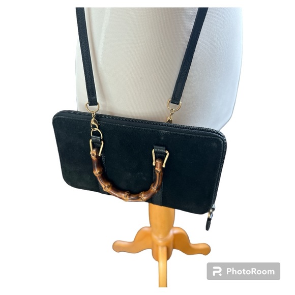 Vintage Gucci zip around wallet on a chain WOC crossbody black suede bamboo - Picture 9 of 16